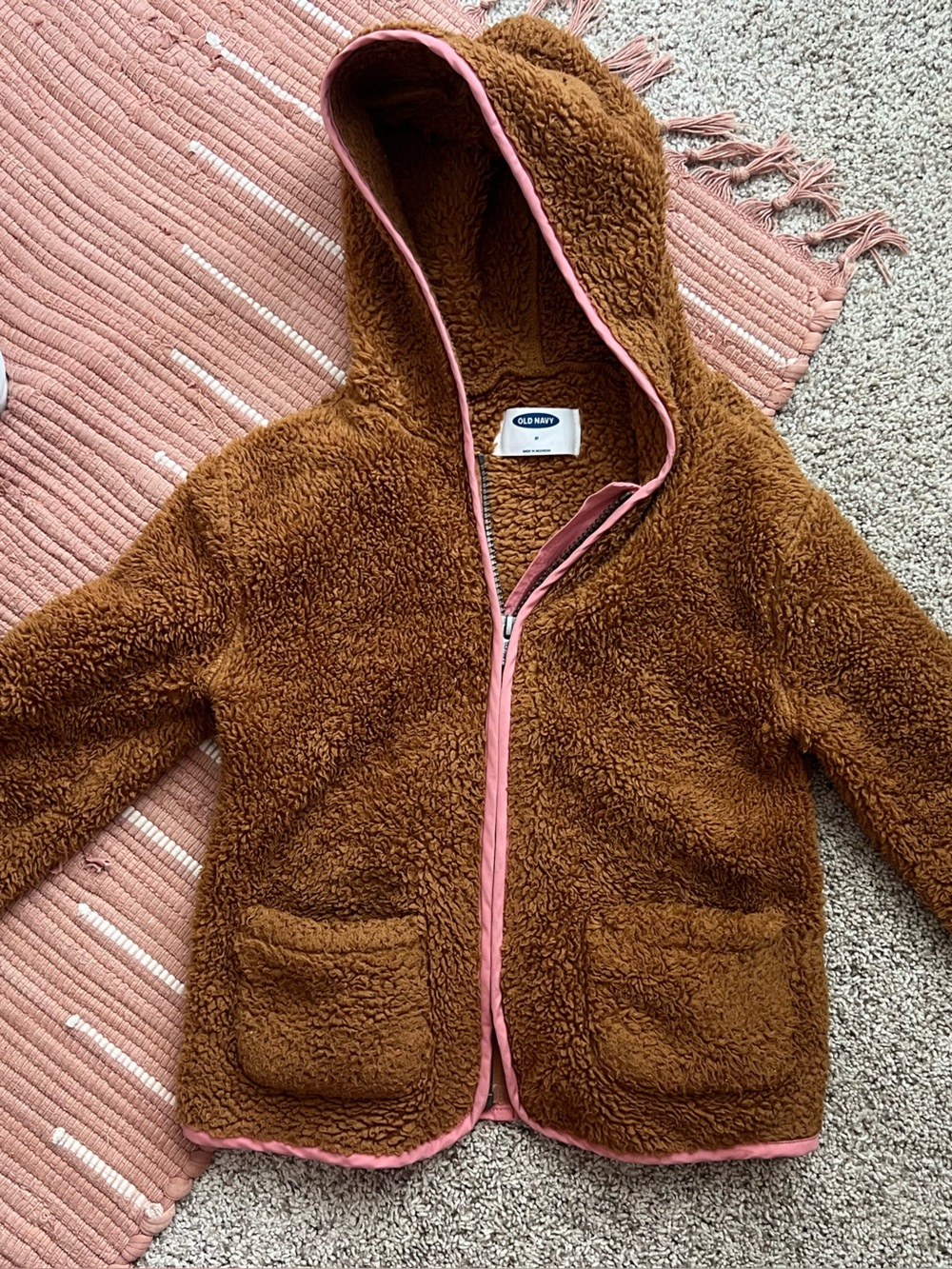 Cozy Brown Sherpa Hooded Kids Jacket with Pink Trim